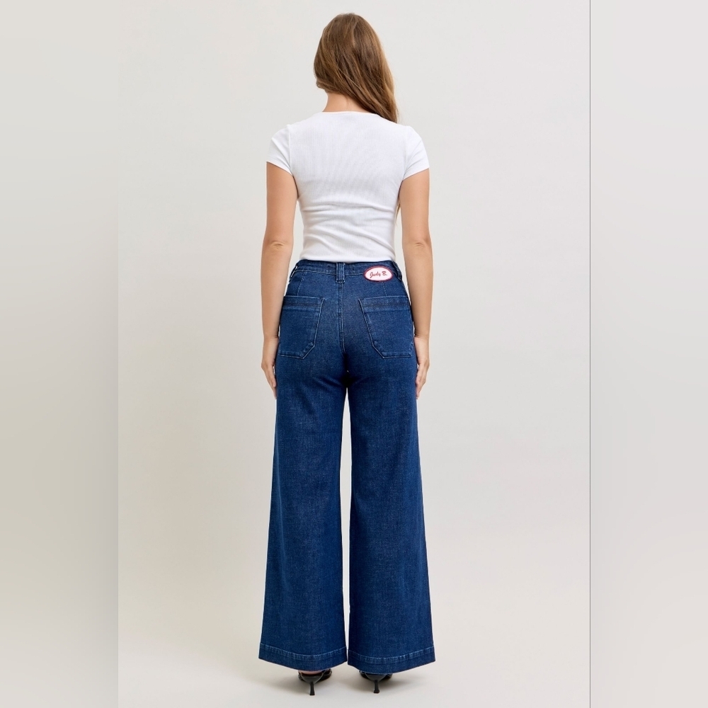 Judy Blue HR Dark Wash Retro Wide Leg Jeans Patch Pocket Wrap Seam Various NEW - Picture 8 of 10